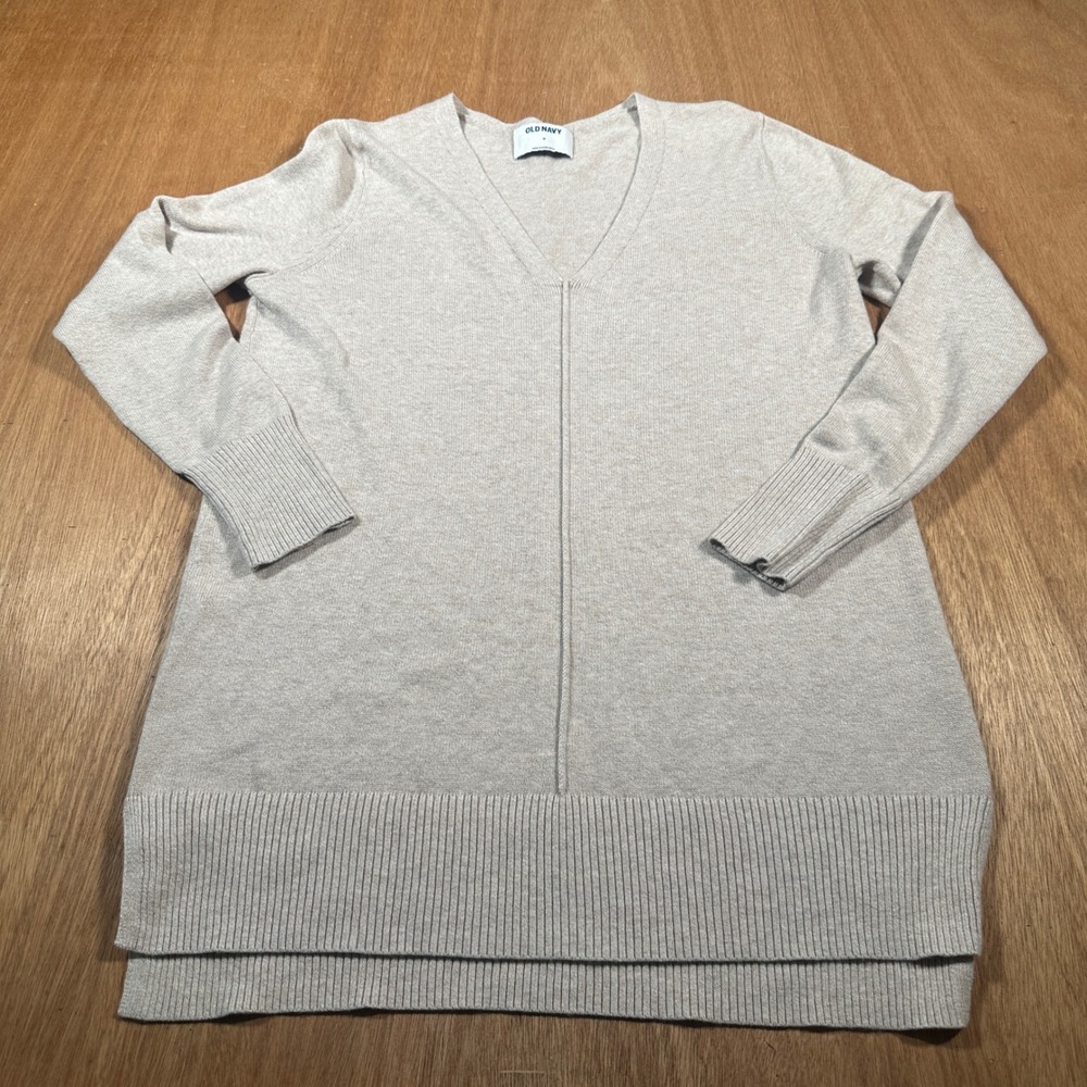 Old Navy Seamed Vee Tunic Women Size M Oatmeal Marl V-Neck Long Sleeve Sweater